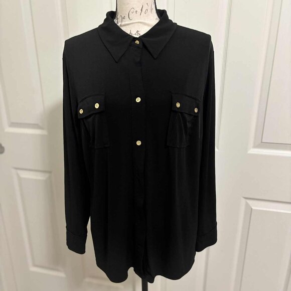 Ellen Tracy Tops - Women's Like New Long-Sleeved Black Heavyweight Blouse with Gold Buttons